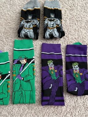 Novelty Batman, Joker & Riddler Men's Crew Socks - Green, Purple, Black Set